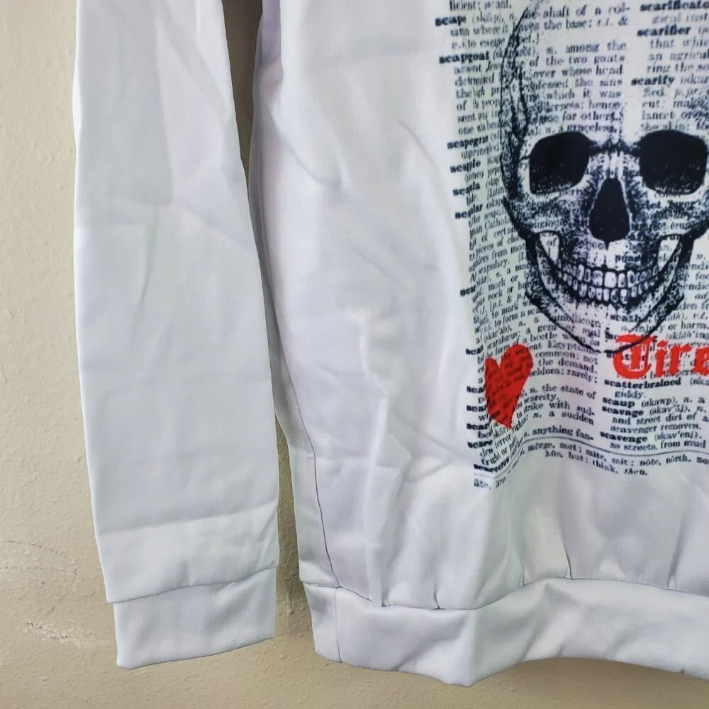 Womens White "Always Tired" Skull Screenprint Sweatshirt M Nwot - Picture 6 of 9